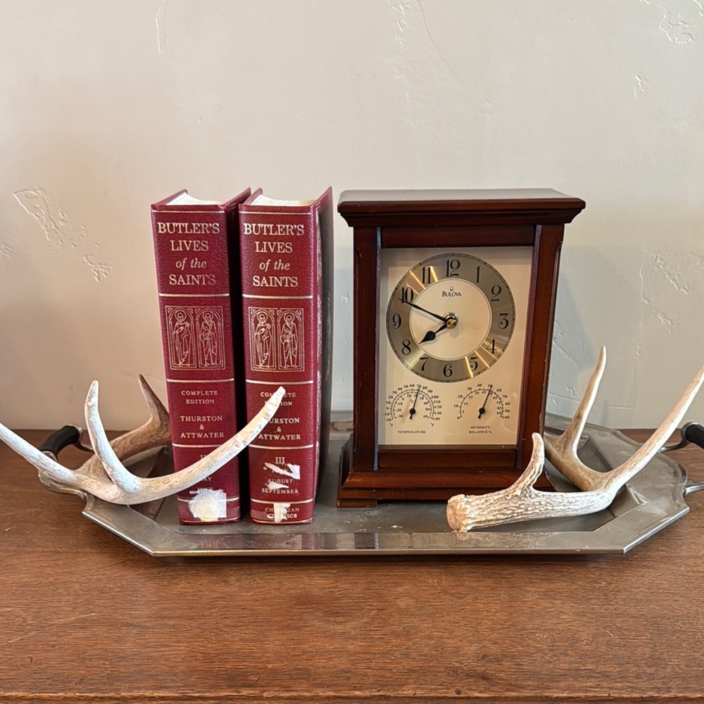 Vintage Bulova Gold and Brown Mantle Clock with Thermometer and Hygrometer